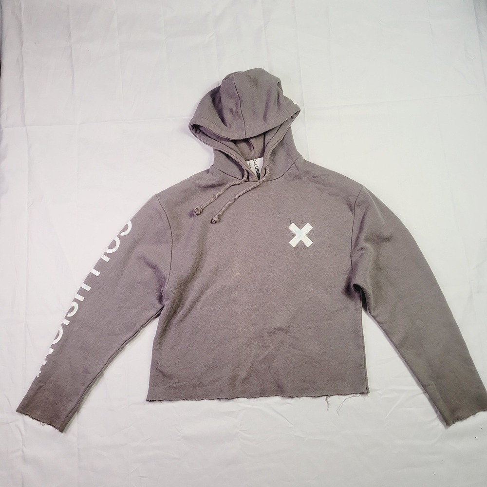Collusion Men's Cropped Hoodie Small Gray Raw Hem Graphic Sleeve Streetwear K85